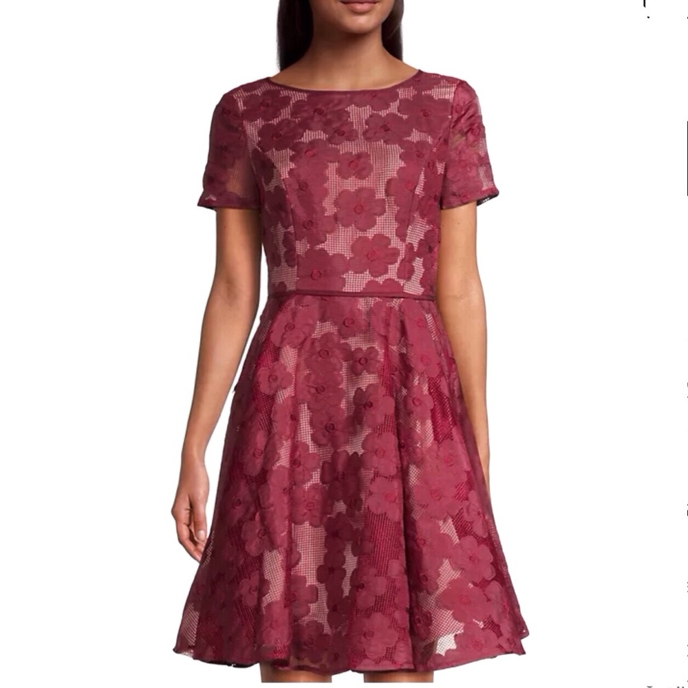 Shani Red Floral Novelty Mesh Overlay Fit And Flare Dress Size 16